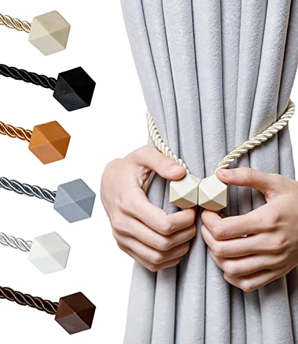 NazTur Magnetic Curtain Tiebacks- Upgrade 2022 with a Thicker Twist Rope and Strong Magnet Tieback Window Treatment Holdbacks Draperies Holders Decorative Drape Handmade Curtain Tie Back (Beige, 2)
