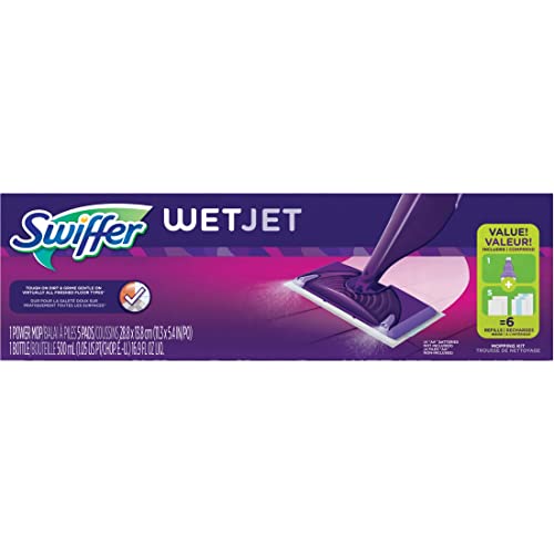 Swiffer Wet Jet Mop, Floor Cleaner for Mopping Wood, Laminate, Tile in Home, Bathroom, Kitchen, All Purpose Multi-Surface Cleaning Set includes 1 Spray Mop, 5 Pads Refill, 1 Fresh Scent Solution