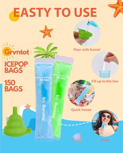150 Disposable Ice Popsicle Mold Bags (8x2") for DIY Natural Fruit Snacks, Juice & Smoothies, Ice Pops Molds | BPA-Free, Zip Seals, Funnel Included