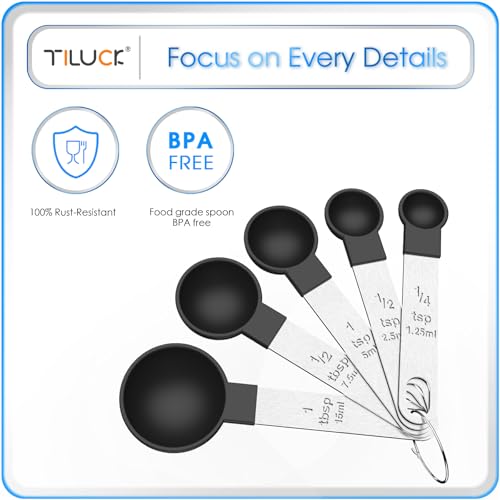 TILUCK Measuring Cups & Spoons Set, Stackable Cups and Spoons, Nesting Measure Cups with Stainless Steel Handle, Kitchen Gadgets for Cooking & Baking (Black)