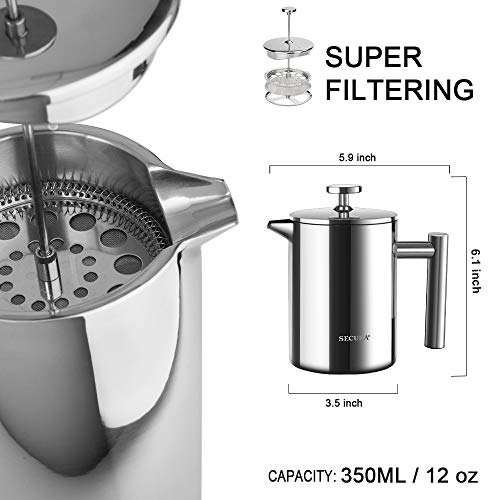 Secura French Press Coffee Maker, 304 Grade Stainless Steel Insulated Coffee Press with 2 Extra Screens, 12oz (0.35 Litre), Silver