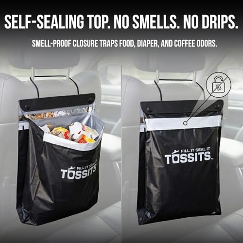 Tossits Recycled Disposable Car Trash Bags – Leakproof, Smell Proof Hanging Garbage Bags for Car, Truck, SUV, RV & Vehicle – Black, 7 Count Disposable Automotive Trash Bags