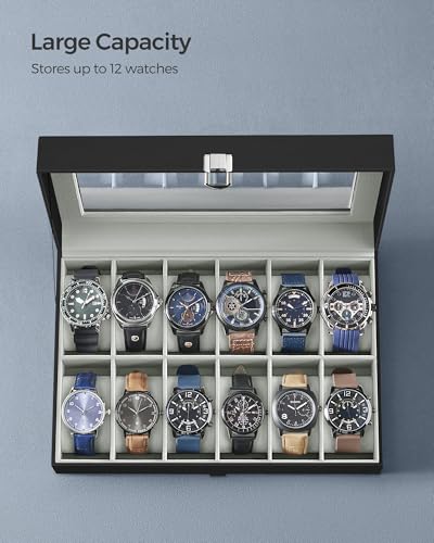 SONGMICS Watch Box, 12-Slot Watch Case Organizer with Large Glass Lid, Removable Pillows, Gift for Loved Ones, Black Synthetic Leather, Gray Lining UJWB12BK