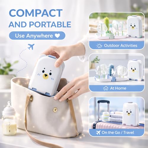 Travel Bottle Cleaner kit, 7in1 Baby Travel Gear Silicone Travel Bottle Brush Set Nipple Drying Rack, Straw Breast Pump Cleaning Soap Dispenser Organizer Case Mon Gift (Blue)
