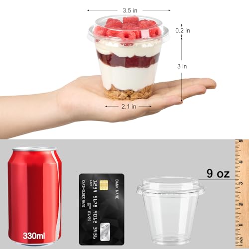 50 Pack 9 oz Plastic Dessert Cups with Lids, Small Plastic Yogurt Parfait Cups, Mini Round Party Serving Cup for Pudding, Fruit, Cake, Appetizer, Dessert Shot Glasses