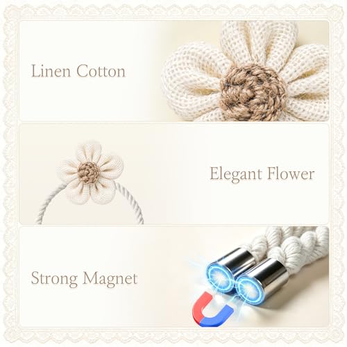 VIS'V Magnetic Curtain Tiebacks, Boho Flower Curtain Holdbacks, Cream, 2 Pcs