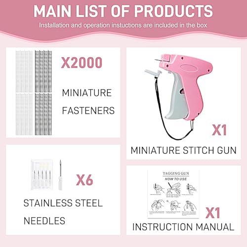 Stitch Gun for Clothes， Handheld Stitch Gun Quick Clothing Fixer，Sewing Kit Includes 1,000 Black Fasteners & 1,000 White Fasteners & 6 Needles (Pink)