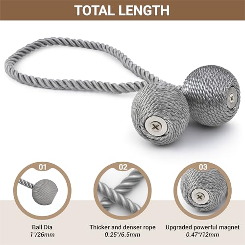 Hion Magnetic Curtain Tiebacks Grey 2pcs, Curtain Tiebacks Buckles Holdbacks Holders Hooks Clip for Home Bedroom Office Decorative Curtain