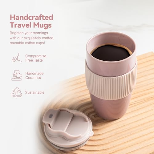 Ceramic Travel Coffee Mug with Polypropylene Lid and Insulated Sleeve, 16 oz, Portable Coffee Cup for Car Cup Holder, Transmutation Glaze Microwave and Dishwasher Safe(Pinkish Purple)