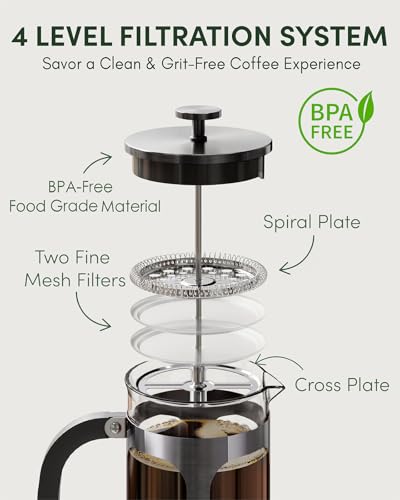 BAYKA French Press Coffee Maker, Easy to use,Large 304 Stainless Steel Coffee Press, Cold Brew Heat Resistant Thickened Borosilicate Coffee Pot for Camping Travel Gifts, 34 Ounce, Dark Pewter