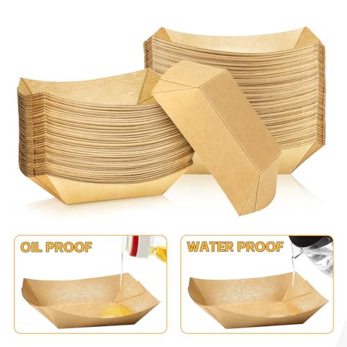 Oomcu 200 Pack 1/4 lb Disposable Kraft Brown Paper Food Boats Nacho Trays - Hotdog Trays Bulk Small Serving Trays for Party Snacks, French Fries,Tacos, BBQ, Hot Dogs, Food Trucks Supplies