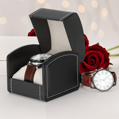 Luxury Single Watch Gift Box with Removable Pillow, PU Leather Single Watch Case Wristwatch Jewelry Storage Display Holder Cases for Men and Women (Black)