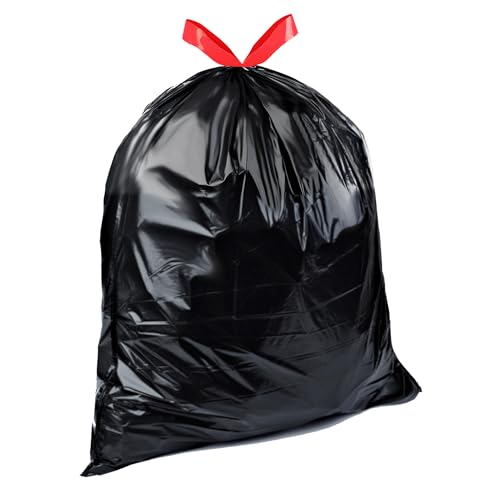Basics 30 Gallon Multipurpose Drawstring Trash Bags, 20% Post Consumer Recycled, Black with Red Drawstring, 50 Count