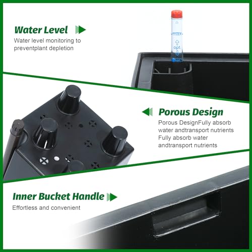 Garvee 16" Tall Planters Set of 2, Outdoor＆Indoor Black Planter Pots, High Front Porch Planter Pots with Drainage Holes＆Water Level Monitor＆Inner Bucket,Black