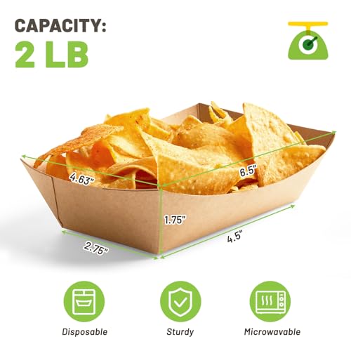 ZORRITA 2 Lb Paper Food Trays - 100 Pack Disposable Nacho Trays Brown Food Boats Take Out Basket Holders for Serving Party Snacks Hot Dogs Tacos Fries