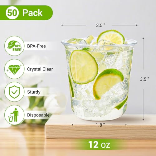 Soelomu 12 oz Disposable Stemless Wine Glasses, 50 Pcs Crystal Plastic Cocktail Cups Clear Classic Cold Drinking Party Glasses for Wedding Gathering Birthday Meeting (Clear)