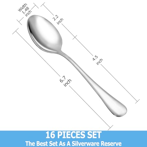 Teaspoon Set,16 Piece 6.7" Spoons Silverware, Premium Food Grade Stainless Steel Tea Spoons, Durable Small Spoon, Good Teaspoons, Kitchen Dessert Spoon Set, Mirror Finish & Dishwasher Safe