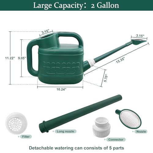 2 Gallon Watering Can, Garden Watering Can Outdoor, Plant Water Can with Removable Long Spout and Stainless Steel Sprinkler Head, Large Plastic Outdoor Watering Cans for Gardening Flower Plants