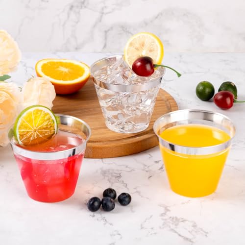 Goodluck 50PCS 9oz Plastic Cups for Party, Disposable Silver Plastic Cups, Cocktail Glasses for Wedding Thanksgiving, Christmas
