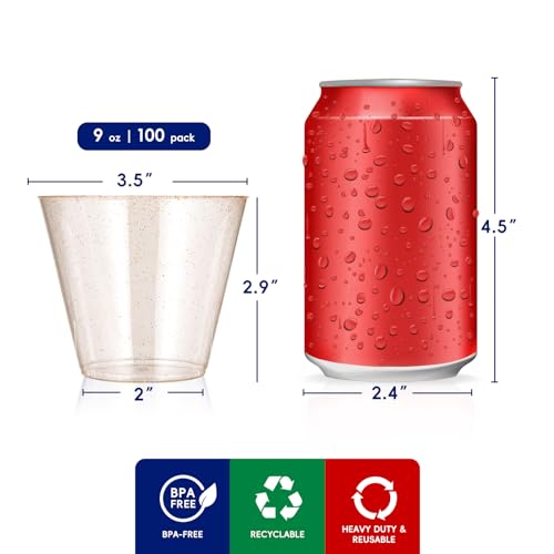 JOLLY CHEF 100 Pack 9 oz Gold Plastic Cups, Disposable Gold Glitter Plastic Cups Perfect for Wedding Thanksgiving, Christmas Party Cups