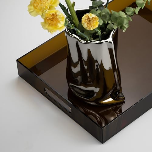 ATZYmolin 16"x12" Large Acrylic Serving Tray Decorative Ottoman Coffee Table Vanity Tray Tea Fruit Platter Snack Appetizer Dessert Drink with Handles for Bar Kitchen Party, Amber