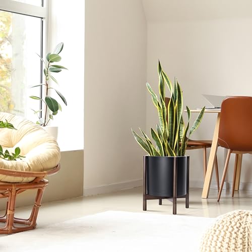 D'vine Dev Planter Pot with Stand - 14 Inch Plastic Cylinder Flower Pot with Wood Planter Holder for Indoor, Matte Black Pot + Walnut Color Stand