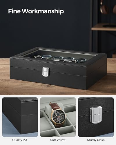 SONGMICS Watch Box, 12-Slot Watch Case Organizer with Large Glass Lid, Removable Pillows, Gift for Loved Ones, Black Synthetic Leather, Gray Lining UJWB12BK