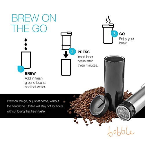 bobble French Coffee Presse, On-The-Go use, Quick Brew, Slim Design, Triple Wall Insulation, 14 oz (Stainless Steel)
