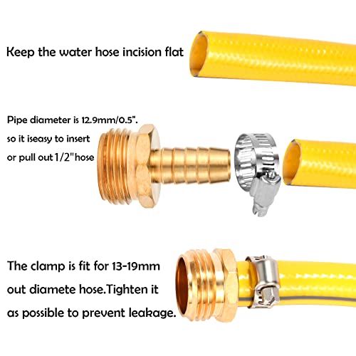 Brass Garden Hose Connector Repair Mender Kit with Stainless Clamp,Fits 1/2" Water Hose Fitting (1/2" Barb x 3/4" GHT)