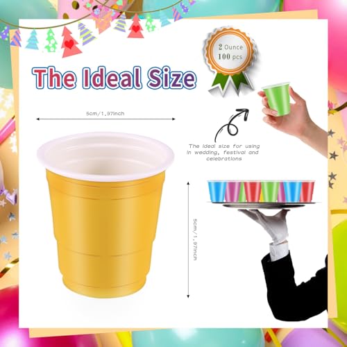 Vumdua 100 Pack 2 oz Plastic Shot Cups, Mini Disposable Shot Glasses, 2 oz Party Mini Cups for Bachelorette Party, Birthday, Parties Favor, Baby Shower Supplies (Multi Colors)