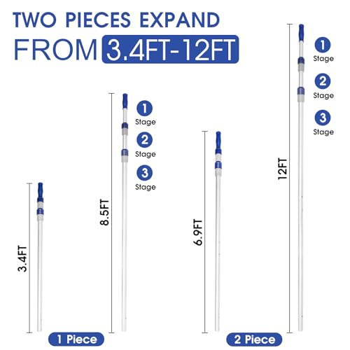 Poolvio 12 FT Telescopic Swimming Pool Pole - Adjustable 2 Piece Aluminum Pool Pole for Pool Cleaning Skimmer Nets Vacuum Heads & Brushes, Strong Grip & Lock