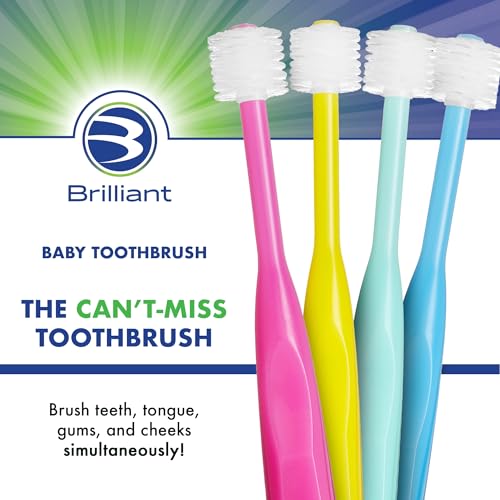 Brilliant Oral Care Baby Toothbrush with Soft Bristles and Round Head, for a Toddler Approved, Easy to Use All-Around Clean Mouth, 4-24 Months, When Front Teeth Appear, Blue Mint Yellow, 3 Pack