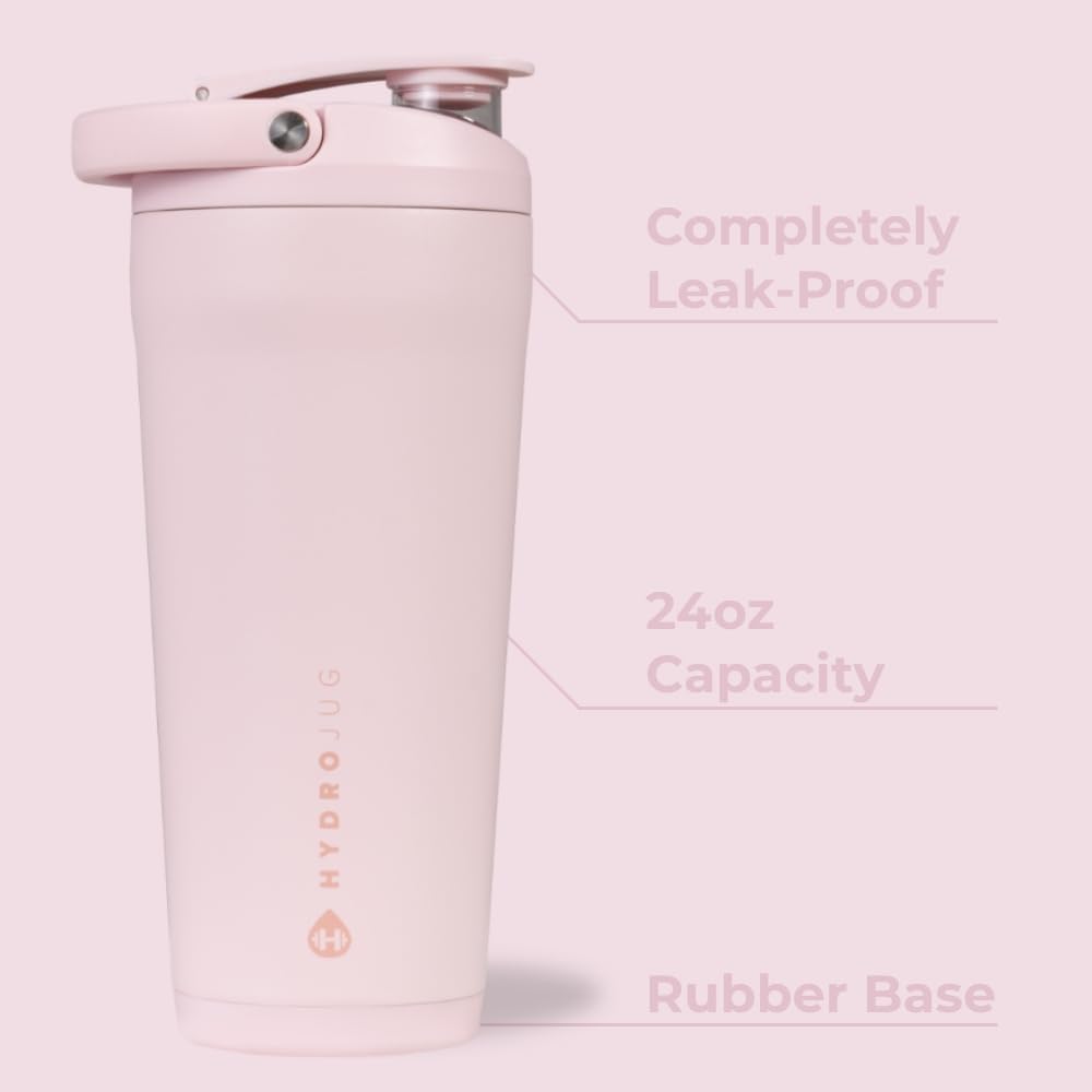 HydroJug 24 oz New Stainless Steel Shaker – Insulated, Leakproof, BPA-Free with Silent Mixing Grate – No Clumps, No Noise – Premium Shaker for Fitness, Sports & Everyday Use, Pink Sand