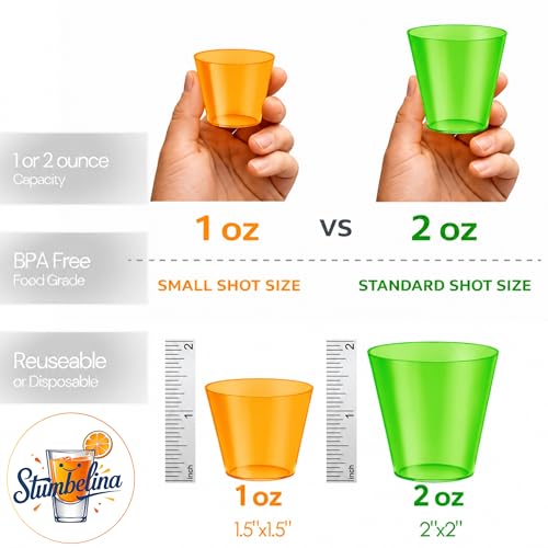 Stumbelina 100 COUNT (1 oz) NEON PLASTIC SHOT GLASS CUPS | BRIGHT MULTI-COLOR Variety Pack | Disposable Party Mini Cups | Perfect for Jello Shots, Dessert Shooters, Parties, Weddings, Bars