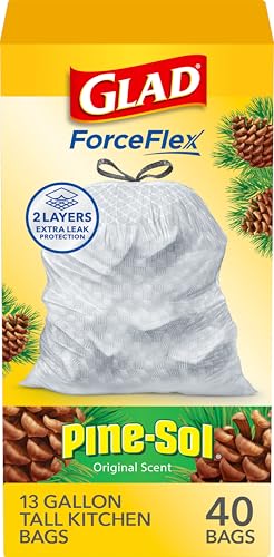 Glad ForceFlex Tall Kitchen Trash Bags, 13 Gallon, Pine-Sol Original, 40 Count (Package May Vary)
