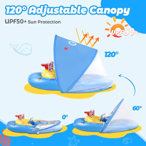 LAYCOL Baby Pool Float with Canopy UPF50+, 120°Adjustable Sun Protection and Anti-Tip Safety Seat, Inflatable Toddler Floaties Infant Pool Float with Animal Pool Toys, Baby Beach Essentials for 6-36M