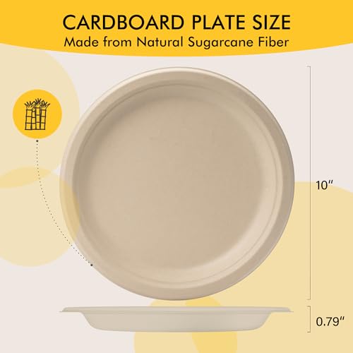 RACETOP Compostable Paper Plates 10 Inch [150 Pack], Disposable Biodegradable Heavy Duty Paper Plates, Made of Natural Sugarcane Fibers, Unbleached Brown, Round