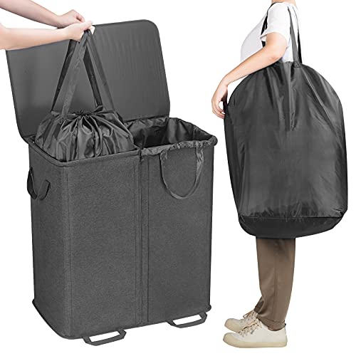 Lifewit Double Laundry Hamper with Lid and Removable Laundry Bags, Large Collapsible 2 Dividers Dirty Clothes Basket with Handles for Bedroom Laundry Room Closet Bathroom College, 136L Black