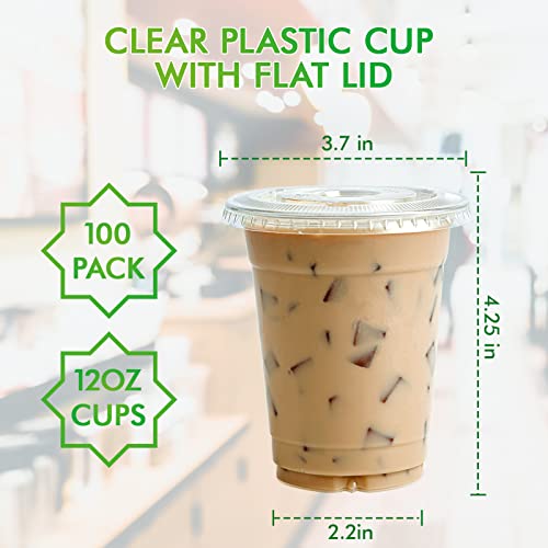 Lilymicky 100 Sets 12 oz Clear Plastic Cups with Flat Lids, 12 oz Disposable Drinking Cups With Lids for Ice Coffee, Smoothie, Slurpee, or Any Cold Drinks