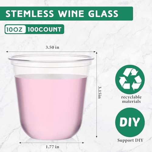Ziliny 100 Pcs Plastic Stemless Wine Glasses Disposable Plastic Wine Glasses for Parties Weddings Birthdays Cocktail(Clear,10oz)