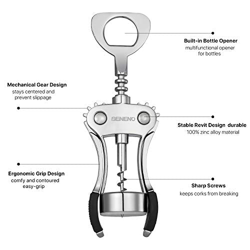 Beneno Wine Opener, Zinc Alloy Premium Wing Corkscrew with Multifunctional Bottles Opener, Sharp Wine Corkscrew with Ergonomic Non-Slip Wing Handle, Silver