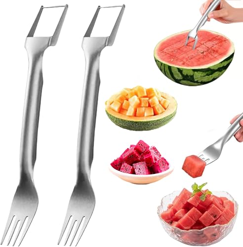 Watermelon Cutter, 2-in-1 Stainless Steel Fruit Cutter, Dual Head Watermelon Fork Slicer Tool, Summer Fruit Cutting Kitchen Gadget for Home (2PCS)