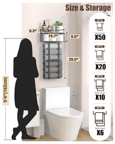 Towel Racks for Bathroom 31inch Wall Mounted Towel Rack,Floating Shelf with Wood Plank,Towel Storage for Bathroom can Holds 6 Large Rolled Towels,All Black