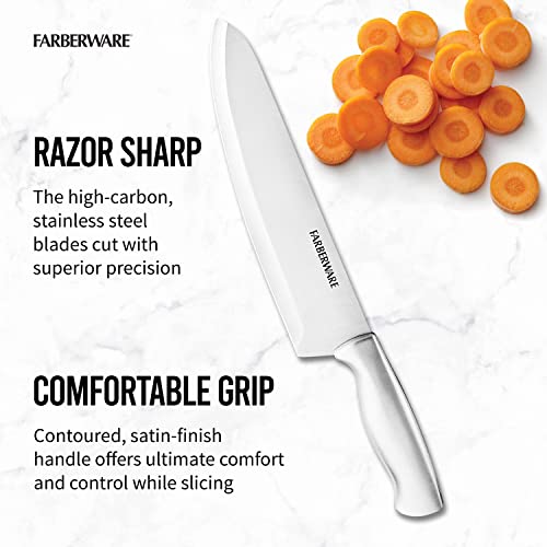 FARBERWARE 15-Piece Kitchen Knife Set with High-Carbon Stainless Steel Blades, Black Handles, Steak Knives, Wood Block, Razor Sharp and Ergonomic