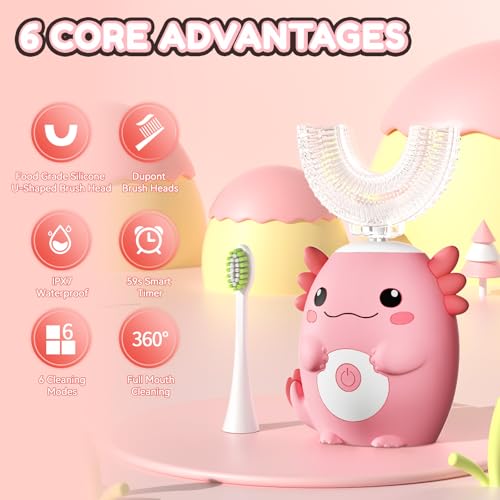 Kids Electric U Shaped Toothbrush - Axolotl Kids Cartoon Sonic Automatic Toothbrush with 6 Brush Heads Full Mouth 6 Cleaning Modes - Age2-15 Pink