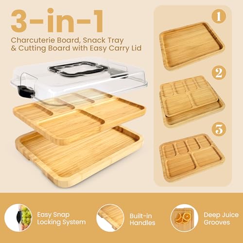 Charcuterie Board with Lid & Handle, 3-in-1, Portable Bamboo Serving Tray with Lid & Removable Snack Tray for Cheese, Fruit, Food, Cheese Platter for Picnic, Travel, Ready-to-Gift