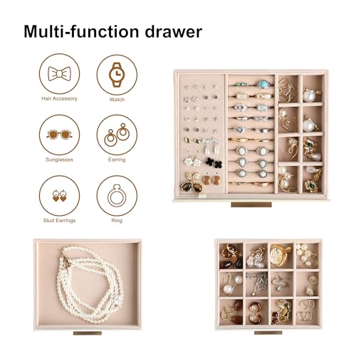 Frebeauty Clear Lid Jewelry Box,3-Layer Jewelry Organizer with Drawer,PU Leather Jewelry Organizers and Storage,Jewelry Boxes for Women,Jewelry Storage for Rings Earring Stud,Gift for Women(White)
