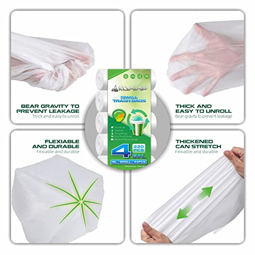 220 Counts Aklyaiap 4 Gallon Trash Bag,Tear & Leak Resistant Bathroom Biodegradable Small Garbage Can Bags Unscented for Home & Kitchen, 5Rolls, White