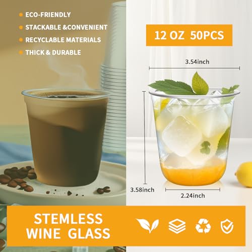 Disposable Stemless Glasses 12oz Crystal Plastic Cups Disposable Cold Party Drinking Cups Wine Glasses for Meeting Weddings Birthdays Cocktail Christmas Party Supplies (Clear, 50 Pcs)