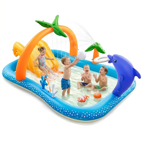Kiddie Pool with Slide & Sprinkler, Inflatable Play Center, 95"x75"x40" Outdoor Blow-Up Splash Pad Pools for Toddlers Ages 2+, Water Game Play Center Backyard Kids Water Slide for Summer Fun
